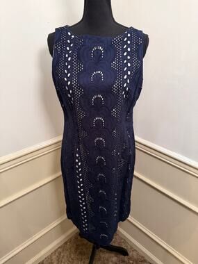 Chetta B Navy Blue Cotton Eyelet Lace Overlay Shift Sheath Dress Sleeveless